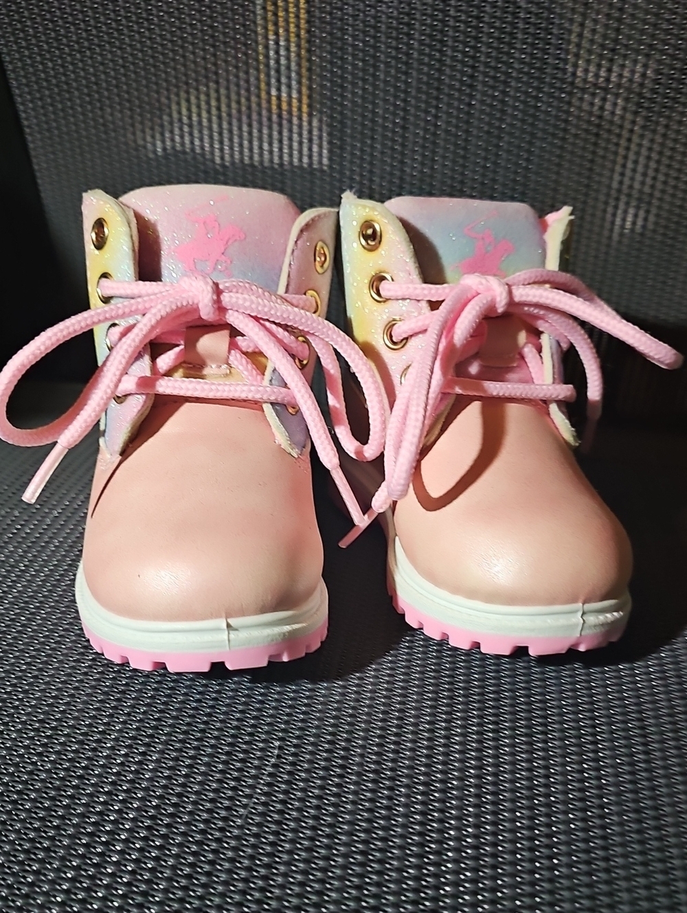 Nwot Beverly Hills Polo Club Pink Lace-Up Kids Ankle Boots with Rainbow Collar
